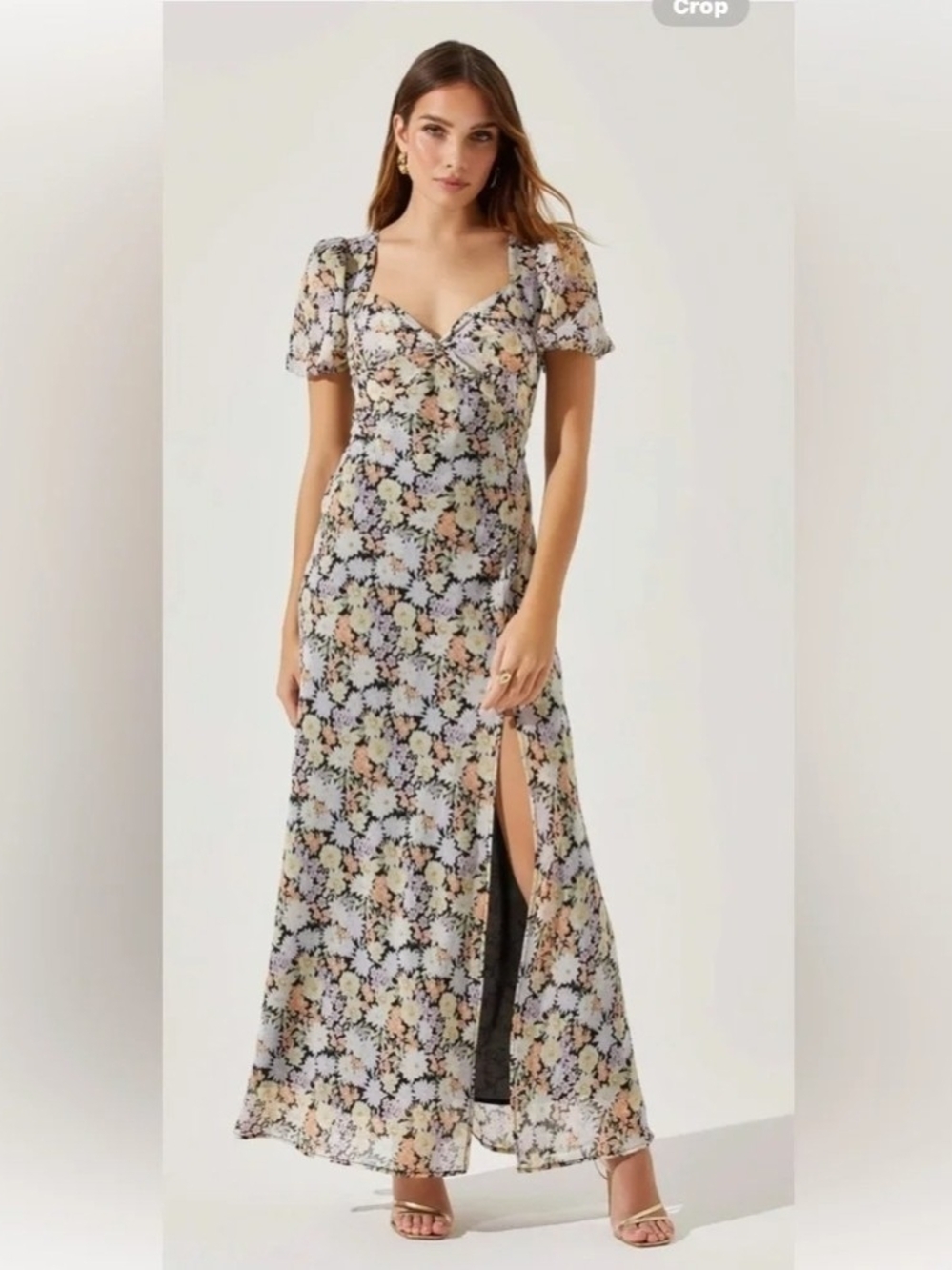 Astr Floral V-Neck Puff Sleeve Maxi Dress in Light Blue & Peach